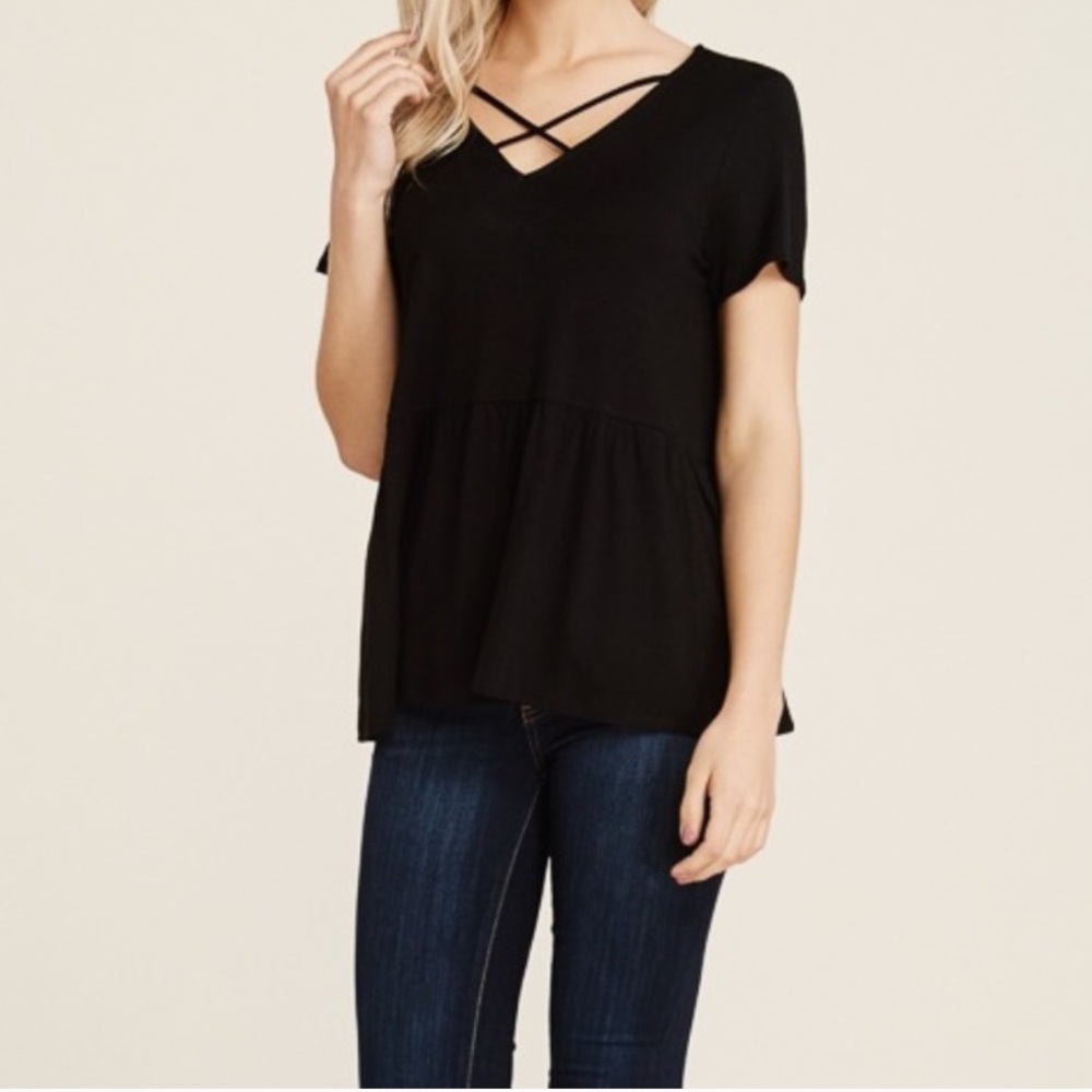 Cross neck tee with peplum detail